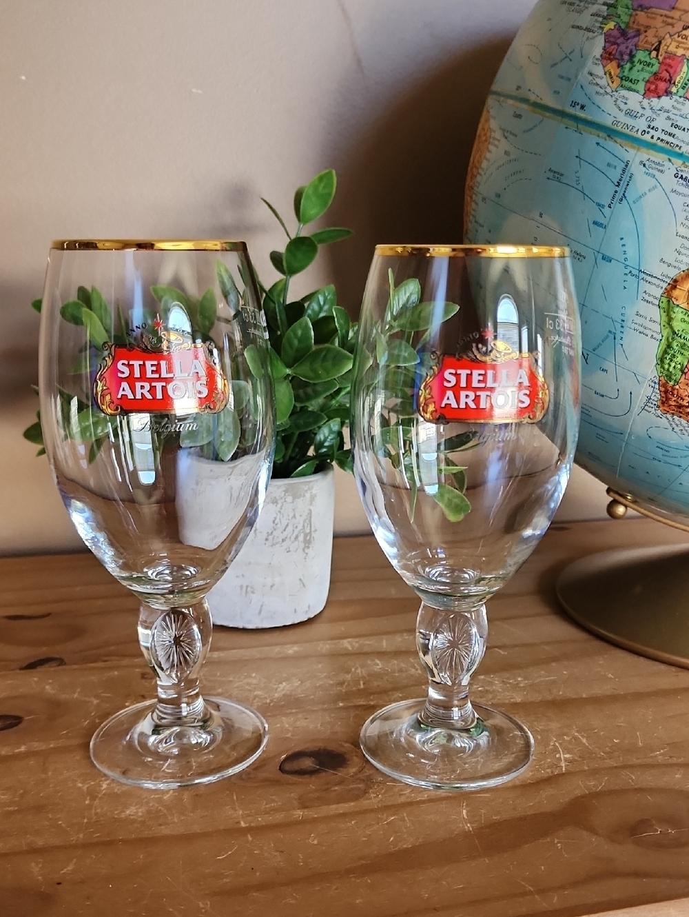 Stella Artois Gold Trim Red Logo Chalice Glass - Set of 2